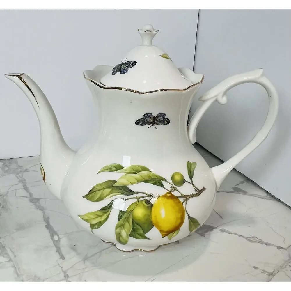 Gracie Teaware Lemon Bee Butterfly 8 Piece Porcelain Tea Set, Yellow, Gold Trim